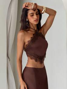 Aloruh Conjunto de 2 piezas con top halter sin espalda con ribete de encaje color café + falda, casual para vacaciones - Café integral - Ver 4