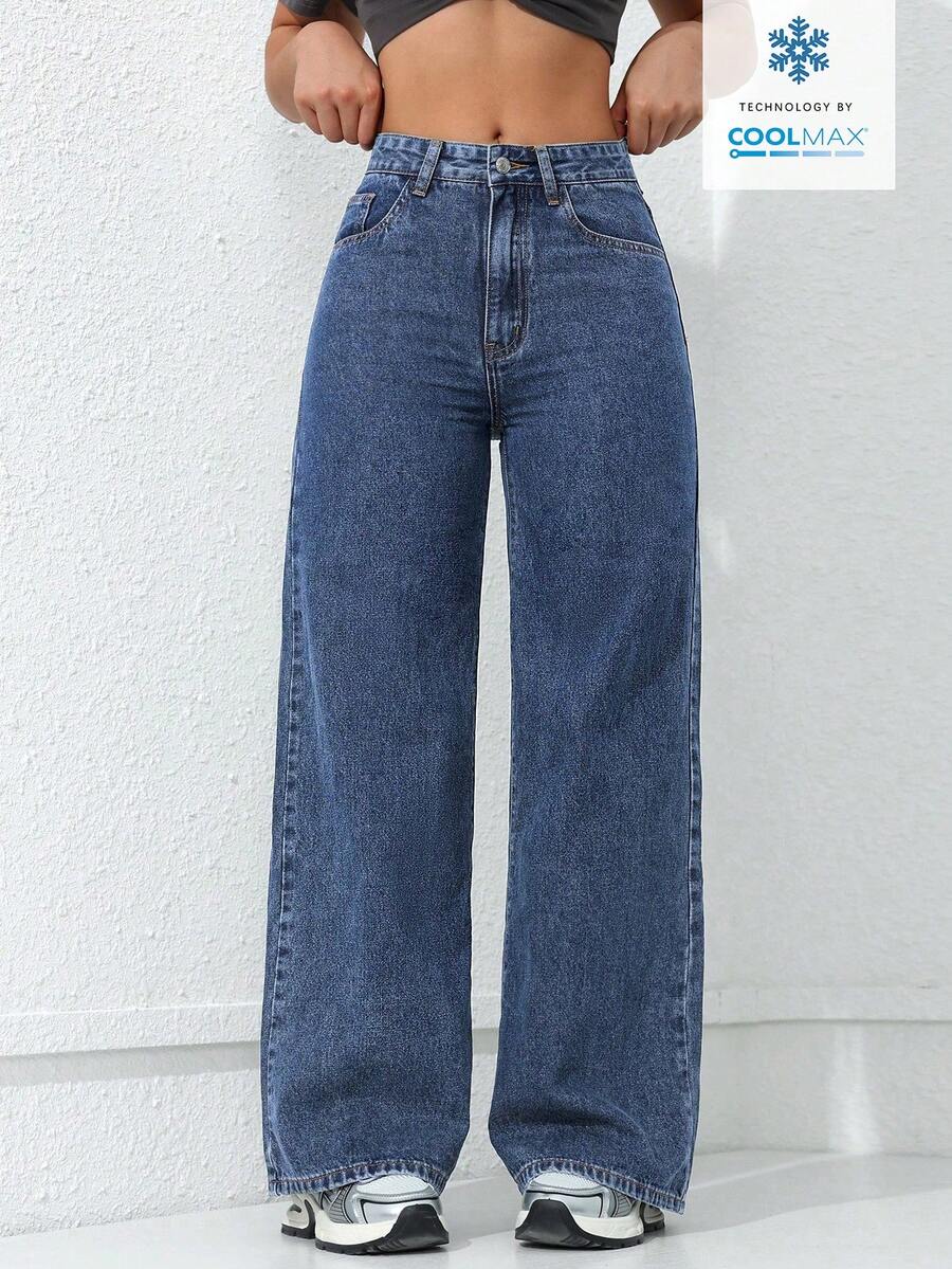 SHEIN ICON Quần jeans nữ ống rộng có túi, dáng suông, đa năng. - Rửa tối - Xem 1