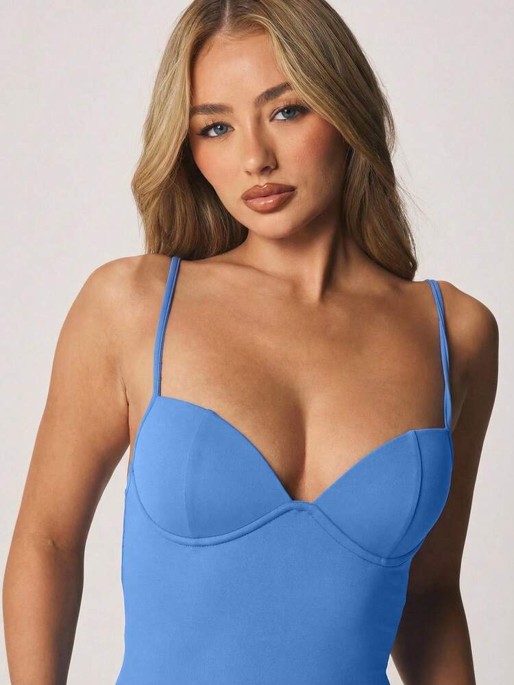 MISSGUIDED Women's Blue Fitted Capri Length Jumpsuit With Heart Sweetheart Bustier Neckline And Spaghetti Straps For Summer Occasions