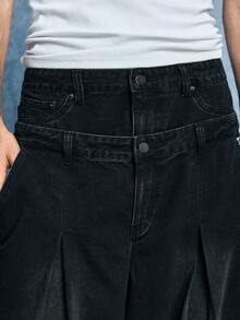 ROMWE MEN Street Life Men's Summer Casual Fashion Street Double Waistband Pleated 2 In 1 Denim Shorts - Black - View 2