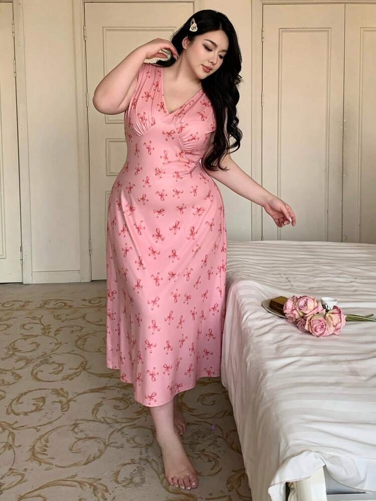 Dazy Plus Plus Size Women Bow Floral Print Bodycon V-Neck Sexy Long Nightgown, Spring/Summer
