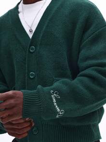 SUMWON Cárdigan de punto verde bosque con cierre delantero de botones y bolsillos laterales, ajuste corto, manga larga y cuello en V de punto grueso - Verde Oscuro - Ver 6