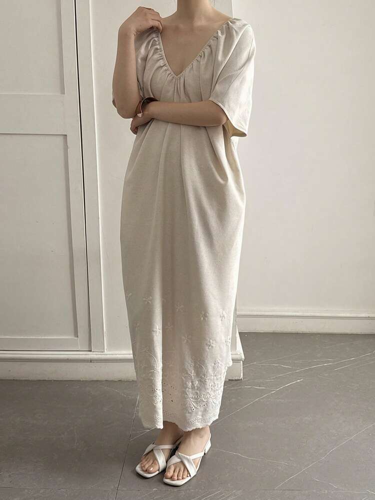 Women's Casual Solid Color V-Neck Hollow Embroidery Detail Summer Dress Sun Dresses For Women