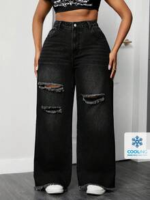 SHEIN ICON 大码女式口袋破洞宽松阔腿休闲牛仔裤 - 黑色 - 查看 1