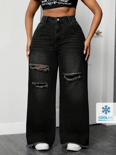 SHEIN ICON Jeans casuales de talla grande para mujeres con bolsillo, rotos y pierna ancha suelta