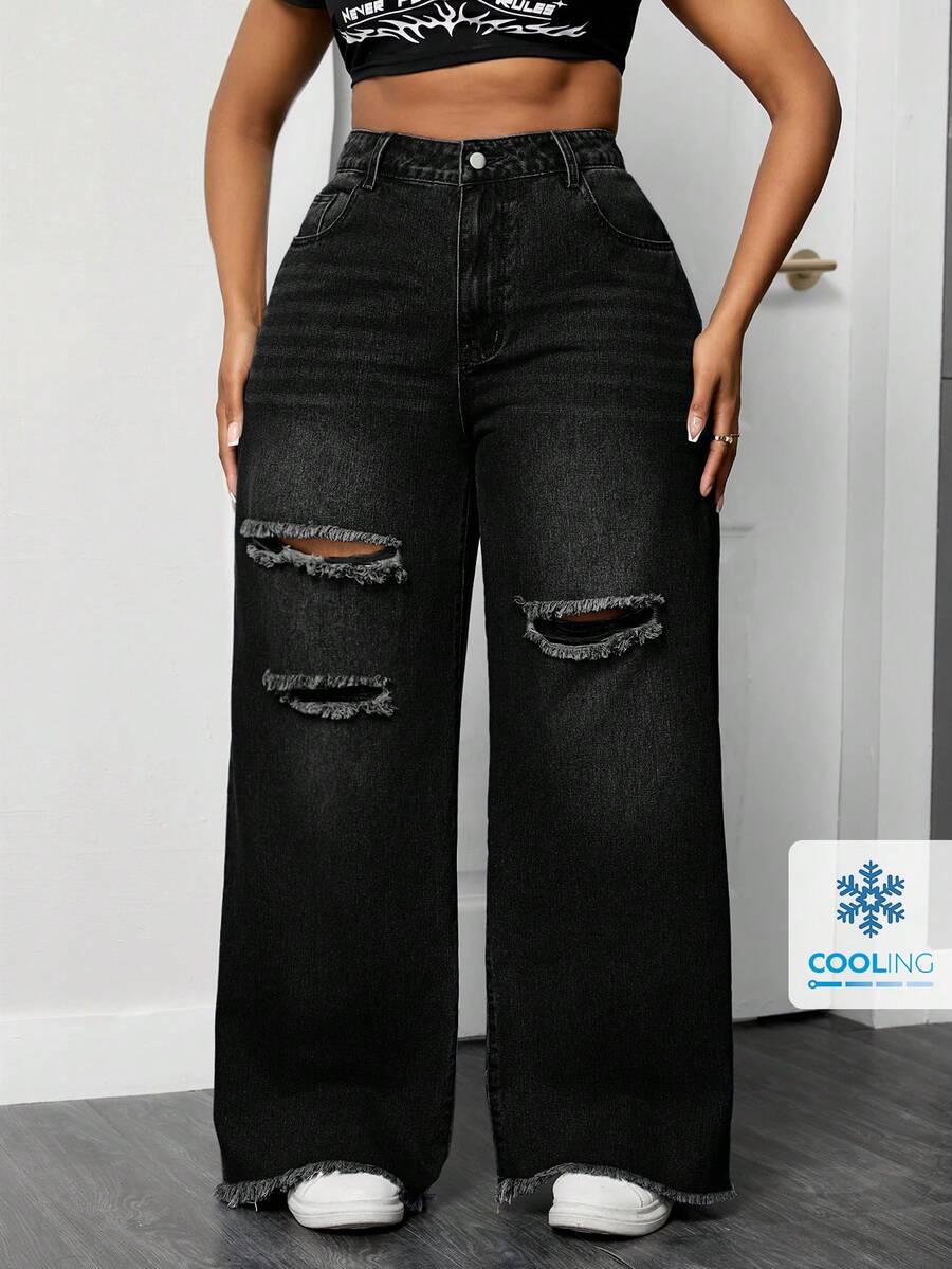 SHEIN ICON 大码女式口袋破洞宽松阔腿休闲牛仔裤 - 黑色 - 查看 1