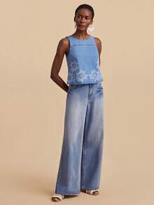 Travachic Women's Casual Sleeveless Geometric Print Denim Blouse, Summer - Light Wash - View 3