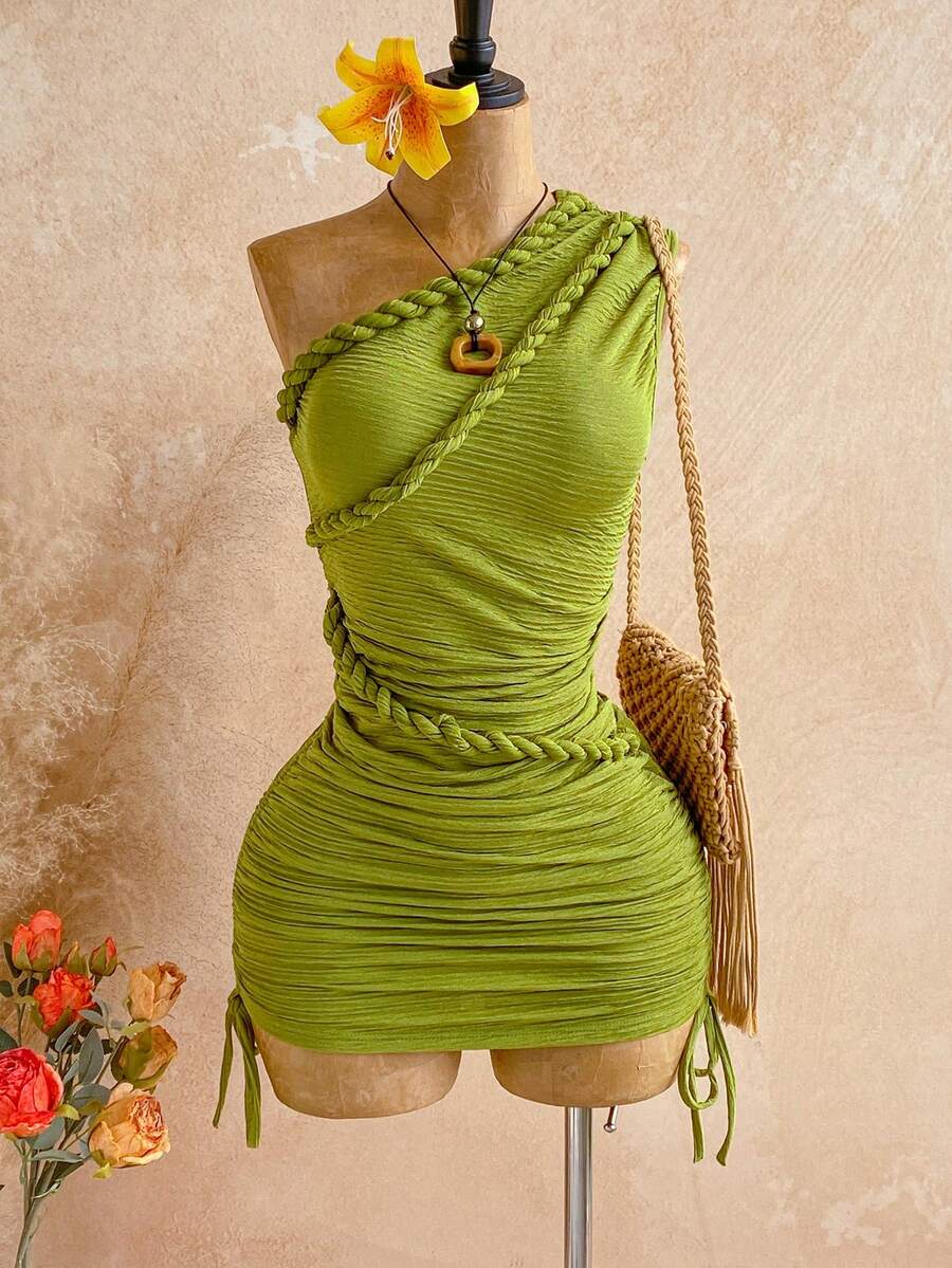 SHEIN WYWH 新款度假风扭肩修身抽绳迷你连衣裙，波西米亚风，度假风，秋季女装，复古风，假日风 - 綠色 - 查看 1