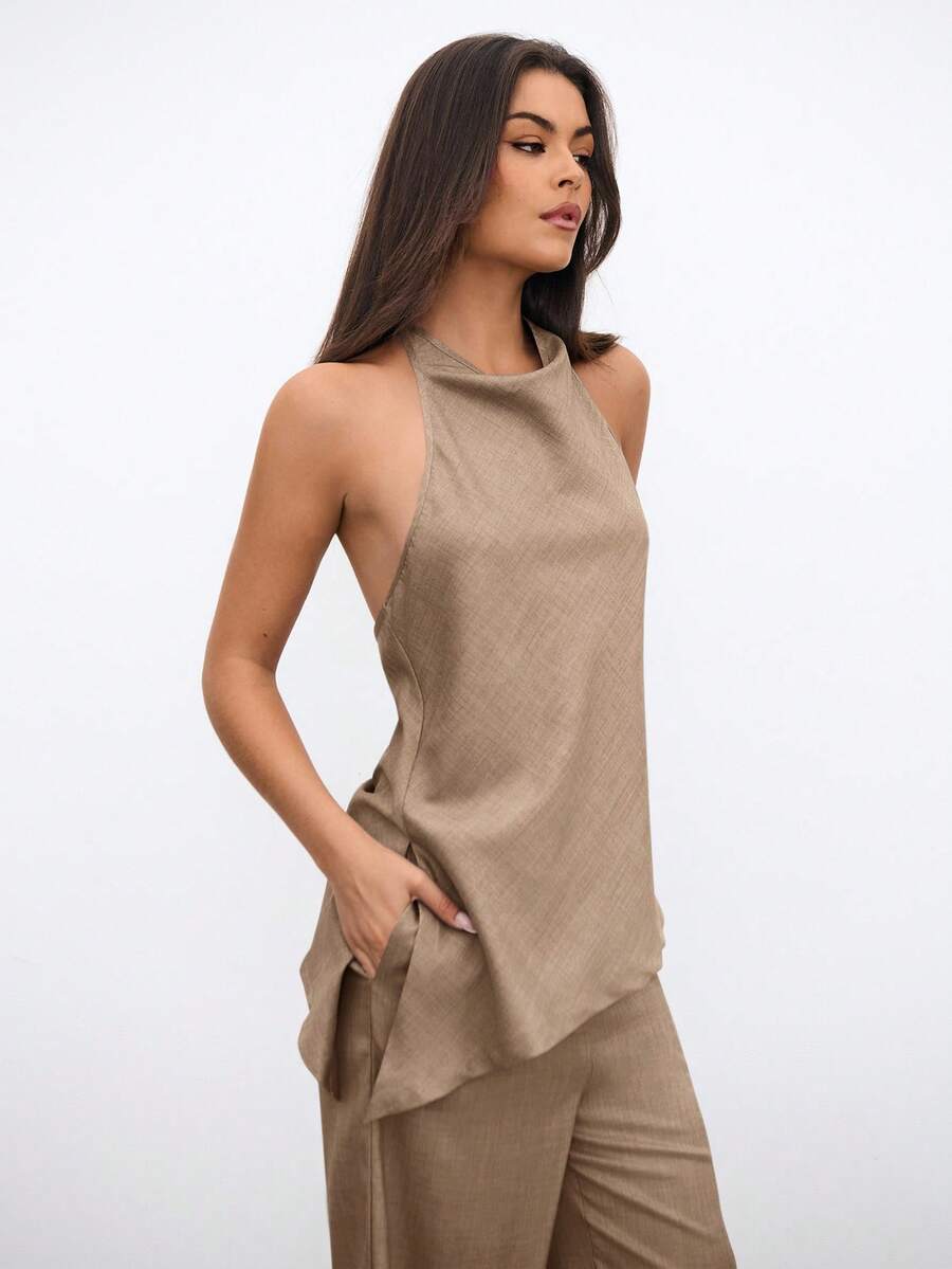 Aloruh Bộ đồ nữ màu trơn tối giản, chất liệu giả lanh, thích hợp cho công sở. - Màu Khaki - Xem 1