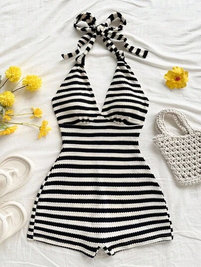 SHEIN 孕妇条纹深V领性感时尚吊带连体裤