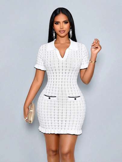 SOLERSUN 女士新款夏季短袖荷叶边镂空针织迷你连衣裙，纽扣圆领短裙，撞色扇形饰边，针织紧身迷你连衣裙，非常适合夏季海滩度假、日常休闲穿着、约会和派对。