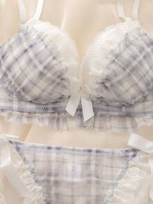 DelicateAllure 两件套格子图案钢圈衬垫文胸，蕾丝边饰，多层荷叶边，蝴蝶结装饰，可爱洛丽塔风格，清新舒适的半罩杯文胸套装，女士内衣。 - 藍色 - 查看 7