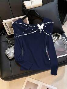 GlowEve CURVE Plus Size Beaded & Rhinestone Embellished Off-Shoulder Long Sleeve T-Shirt Women's Pullover Beaded Top Navy Blue Top Ribbed Long Sleeve Butterfly Detail Dark Blue Top Sparkly Navy Blue Top Pullover For Women Sequin Embellished Top Navy Blue Sweater - Navy Blue - View 1