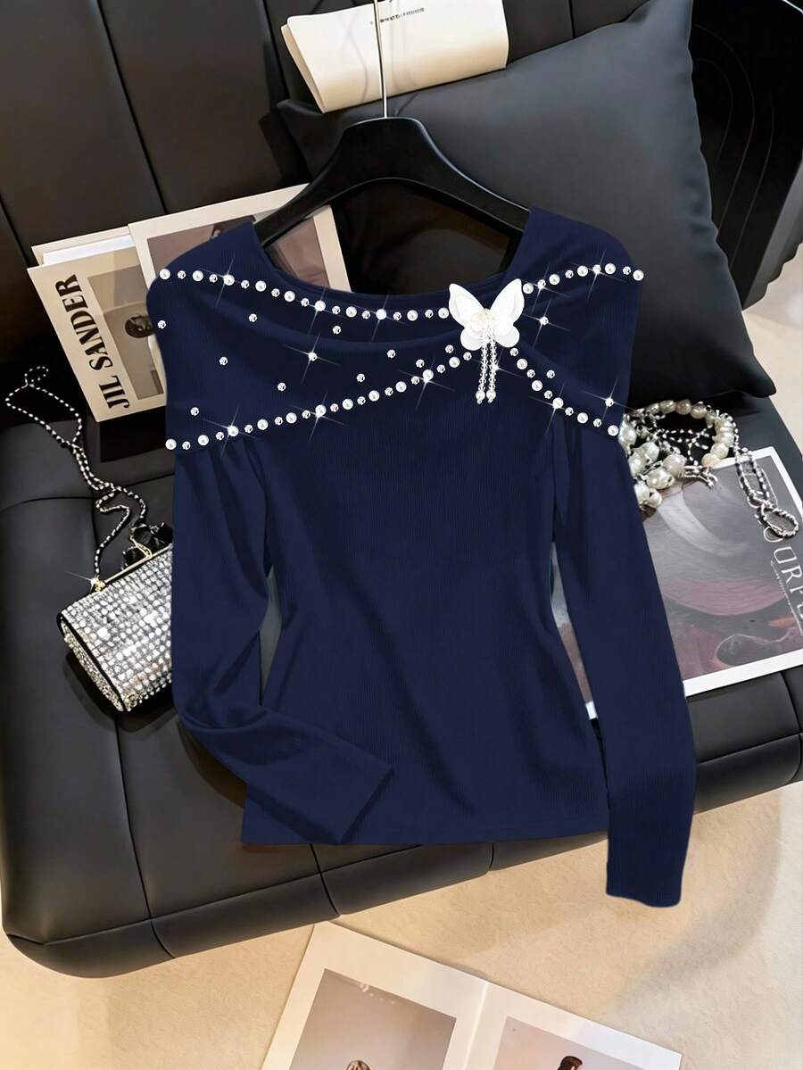 GlowEve CURVE Plus Size Beaded & Rhinestone Embellished Off-Shoulder Long Sleeve T-Shirt Women's Pullover Beaded Top Navy Blue Top Ribbed Long Sleeve Butterfly Detail Dark Blue Top Sparkly Navy Blue Top Pullover For Women Sequin Embellished Top Navy Blue Sweater - Navy Blue - View 1
