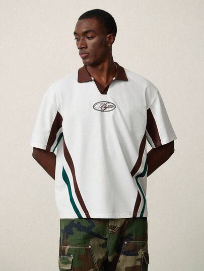 STYNVO Men's Color Block Letter Print Casual Versatile Commuting Short Sleeve Polo Shirt Men's Retro Shirts Men's Polo College Style Pattern Polo Men Bowling Shirts Men's Polo Shirt Mens Golf Polo Mens Polo Shirt Summer Spring Mens Streetwear Vintage Polo Rugby Polo Men