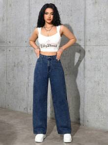 SHEIN ICON 大码女式复古街头风灰色无弹直筒牛仔裤 - 深色水洗藍 - 查看 5