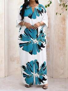 Fleurora Plus Size Casual Floral Print V-Neck Batwing Sleeve Maxi Dress,Women's White Summer Boho Flowy Vacation Holiday Beach Caftan,Tropical Resort Outfits - Multicolor - View 6