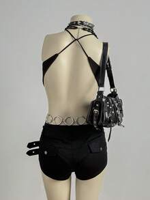 EgrlEra Y2K性感露背交叉设计连体衣（女款） - 黑色 - 查看 2