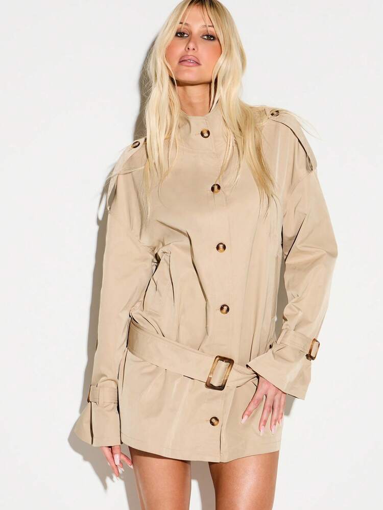 KIZN Double Breasted Belted Trench Coat With Lapels And Long Sleeves For Fall Winter Outerwear Classic Style