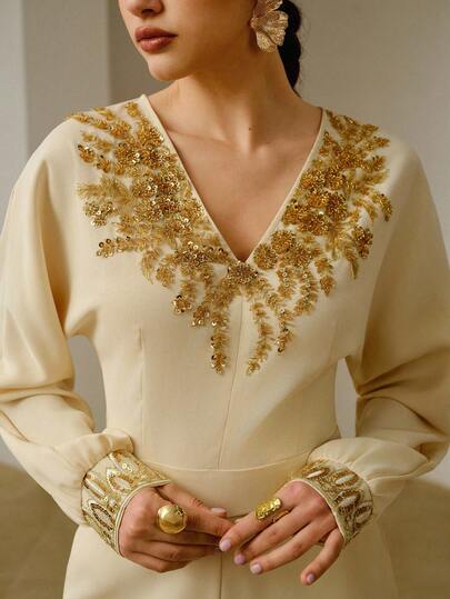 ZEYLAH 女士V领亮片花卉装饰休闲日常连体裤