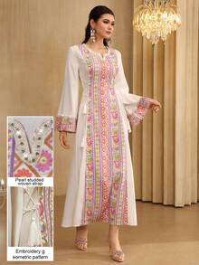 Al Najma U领珍珠装饰缎带拼接布料流苏系带袖口长款连衣裙，土耳其和阿拉伯传统长袍 - 白色 - 查看 1