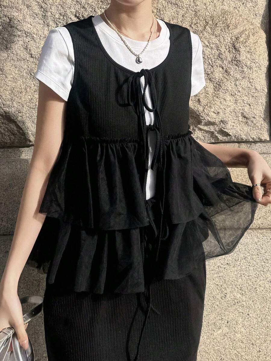 FRIFUL Women's Solid Color Short Sleeve Tie-Up Bow Mesh Patchwork Loose Casual Versatile T-Shirt, Spring/Summer - Black - View 1