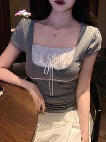 DAZY Women's Casual Colorblock Lace Patchwork T-Shirt, Summer - Grey - View 1