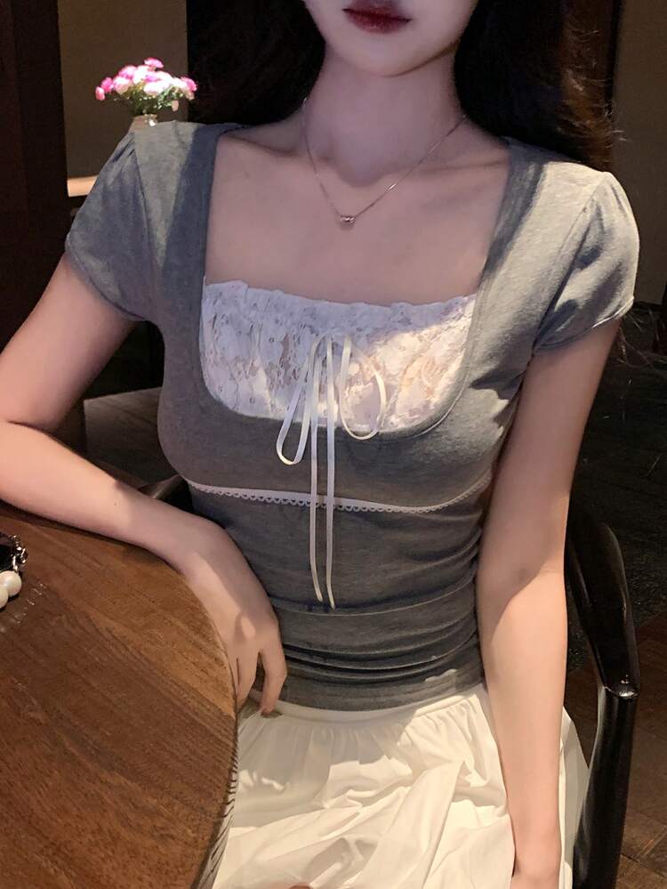 Women's Casual Colorblock Lace Patchwork T-Shirt, Summer