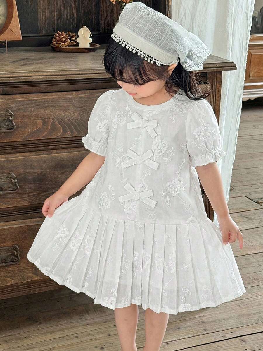 1pc Baby Girls' Round Neck Short Puff Sleeve Jacquard Bow Decor Apricot White Elegant Cute Summer Party Dress,Pleated Skirt Vintage Christening Lace - White - View 1