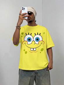 SpongeBob SquarePants | SHEIN Men's Casual Cartoon Print Round Neck Short Sleeve T-Shirt, Versatile For Daily Wear - White - View 8