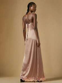 Briarwyn Women's Open Shoulder Spaghetti Strap Black Lace Patchwork High Slit Hem Dress Prom Gown For Prom Night - Pink - View 6