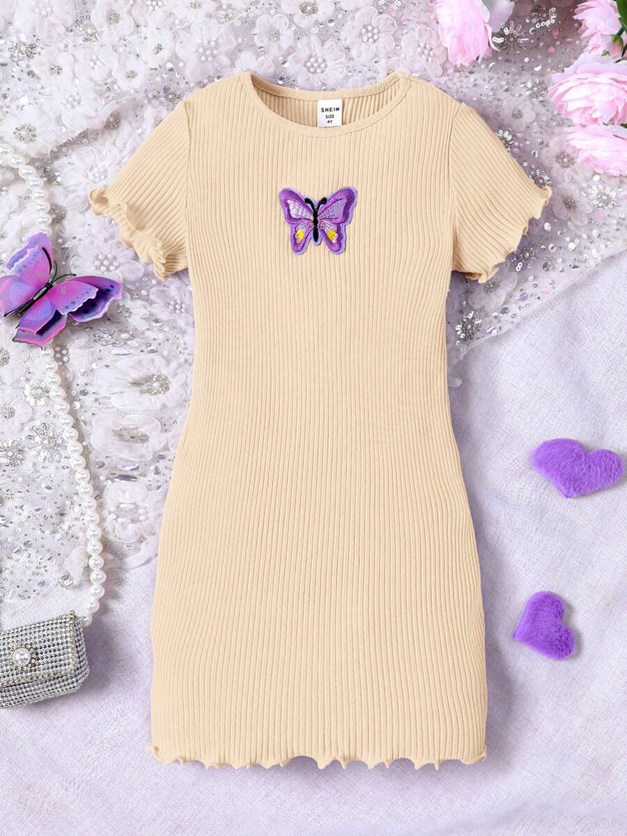 SHEIN Tween Girl Basic Casual Spring/Summer Knit Round Neck Fitted Butterfly Applique Dress - Apricot - View 1