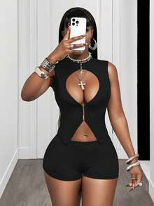 BamGleam 女士纯色镂空性感无袖上衣和短裤两件套 - 黑色 - 查看 7