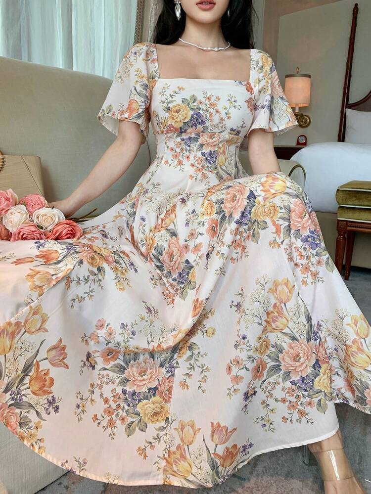 Floral Summer French Style Vintage Floral Print Loose Flowy Dress, Elegant And Graceful For Women Maxi Dress Sundress