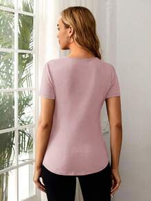 SHEIN Maternity Casual Solid Color V-Neck Short Sleeve T-Shirt, Convenient For Breastfeeding - Mauve Purple - View 2