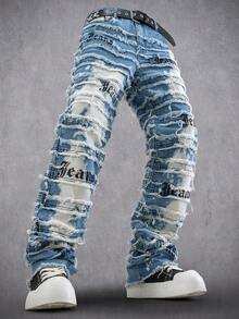 Manfinity EMRG Jeans con estampado de letras y dobladillo deshilachado en capas para hombre - Lavado ligero - Ver 4