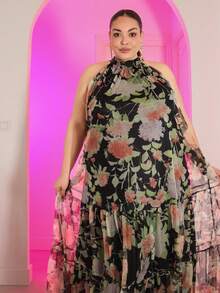 Pretty and Ole Đầm dự tiệc không tay bằng vải chiffon họa tiết hoa dành cho nữ cỡ lớn, thanh lịch, chất liệu lưới, thích hợp cho các dịp đặc biệt. - màu đen - Xem 5