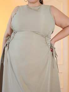 Pretty and Ole 大尺碼女士純色簡約日常無袖連衣裙 - 杏色 - 查看 3