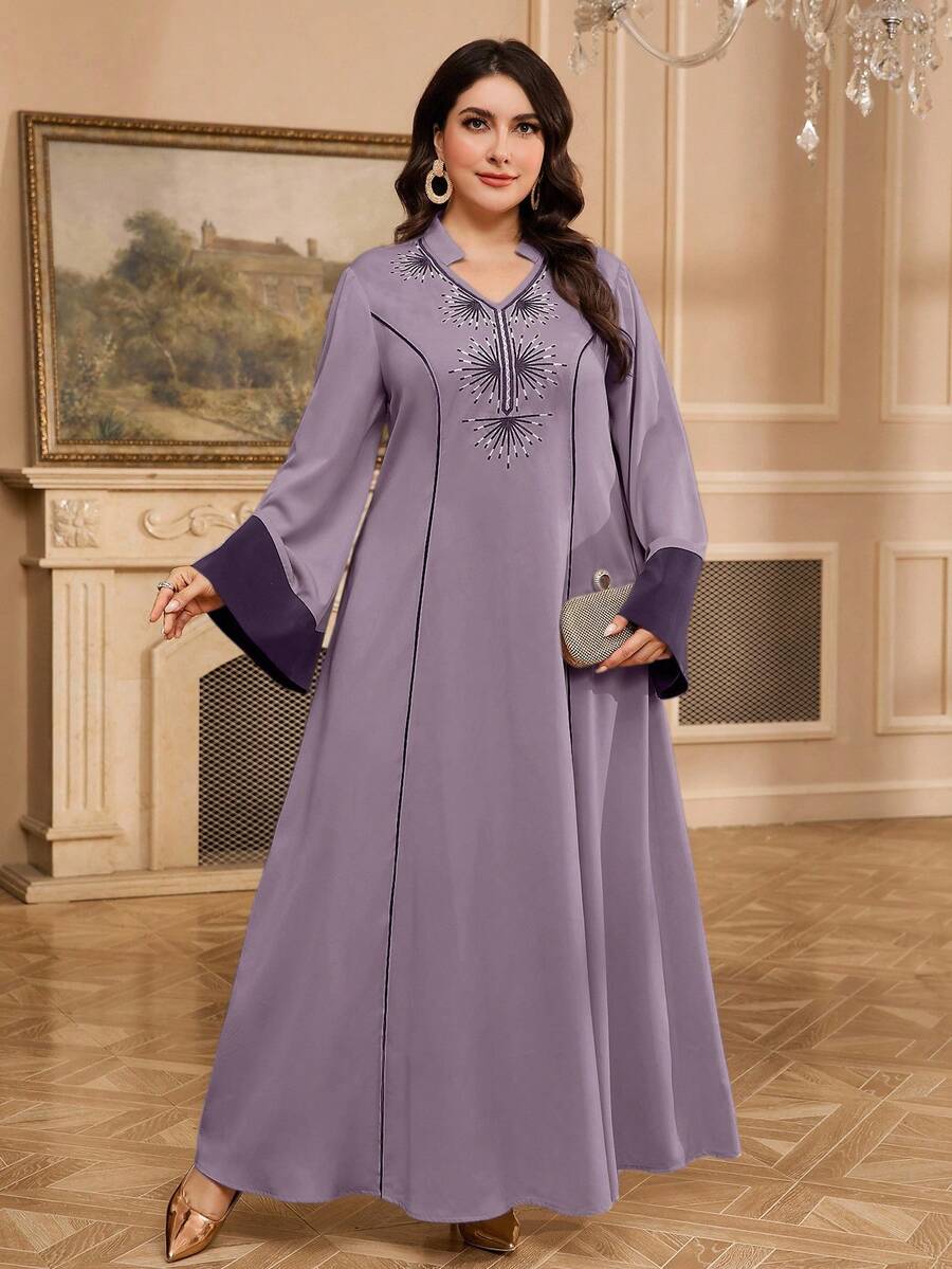 Al Najma Đầm dài tay kiểu Ả Rập thanh lịch in họa tiết dành cho nữ cỡ lớn - Màu tím - Xem 1