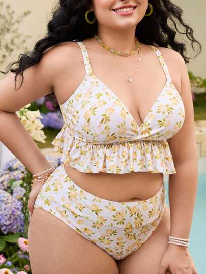 Swim Mod 2026 New Plus Size Women Floral Print Ruffle Hem Tankini Swimsuit, High Waist Tummy Control Underwire Push Up Bikini Two Pieces Beach Vacation Swimwear Set