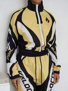 SAYEHFBABY New Autumn/Winter Women's Back To School Outfit, Casual Business Streetwear, Retro College Style Jacket With Stand Collar Front Zipper Long Sleeve Cropped Top + Straight Leg Wide Pants With Slit Hem, Black & Yellow Graphic Print Two Pieces Set - Yellow - View 3