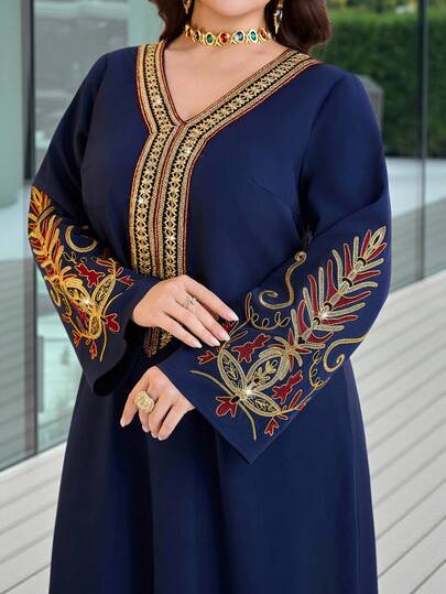 Al Najma Plus Size Women Elegant Embroidered V-Neck Arabic Style Dress