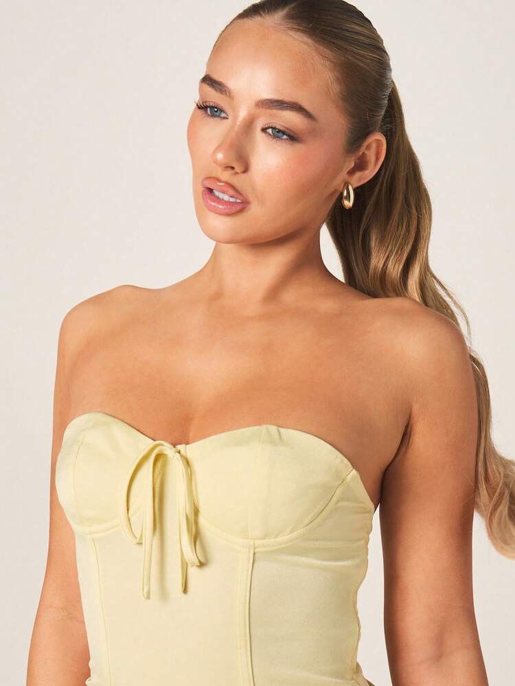 MISSGUIDED Baby Yellow Tie Front Strapless Corset Top With Structured Bustier Design And Sweetheart Neckline For Spring Summer Occasions