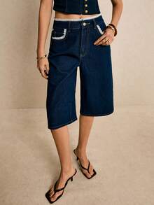 Poéselle Women's Contrast Trim Slant Pocket Casual Wide Leg Jeans - Black - View 4