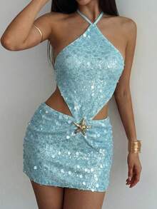 Aloruh Women's Backless Metal Decor Mini Party Dress, Spring/Summer,Summer Dress,Vacation Dress - Blue - View 6