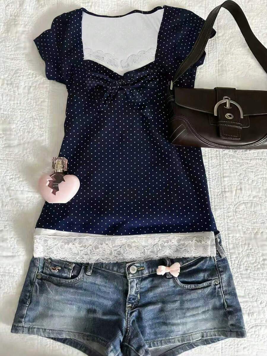 Glimmora Áo thun nữ kiểu dáng cổ điển thanh lịch, họa tiết chấm bi và ren tương phản, thích hợp mặc đi làm vào mùa hè. - Nhiều màu - Xem 1