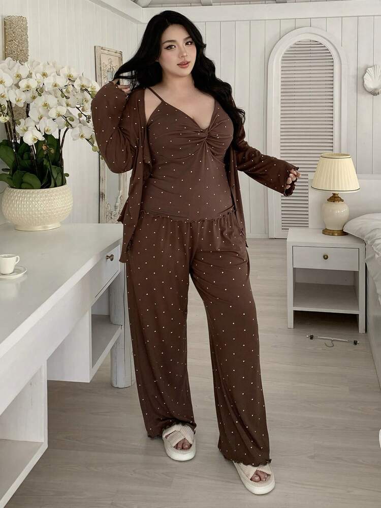Dazy Plus Plus Size Polka Dot Print Camisole + Long Sleeve Jacket + Pants Pajama Set