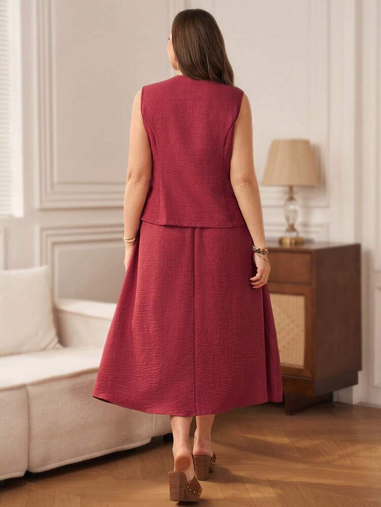 Plus Size Women 2-Piece Set: Solid Color Single-Breasted Vest And Skirt, Casual Commuter Outfit/Summer/Elegant Vest And Skirt Set Skirt Suits For Woman Summer Outfits  Beach Vacation Outfits For Women   Formal Attire For Women BOHO Clothes Two Piece Set Woman Skirt Formal Suits Women Elegant Outfits Summer Outfits For Women  Beach Outfit For Women  Casual  Vacation Outfits Women Country Concert Outfit Peplum