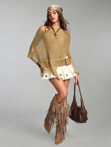 ROMWE Hippie Spring/Summer Loose Hollow-Out Knit Sweater For Women - Khaki - View 4