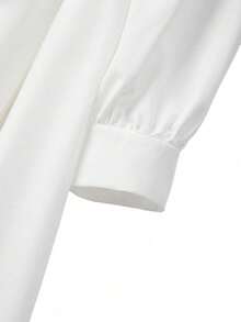 GlowEve CURVE 大码女士优雅时尚衬衫领V领网纱拼接金属纽扣长袖连衣裙，网纱拼接，腰部系带可调节，日常连衣裙，情人节连衣裙，外出通勤连衣裙 - 白色 - 查看 6